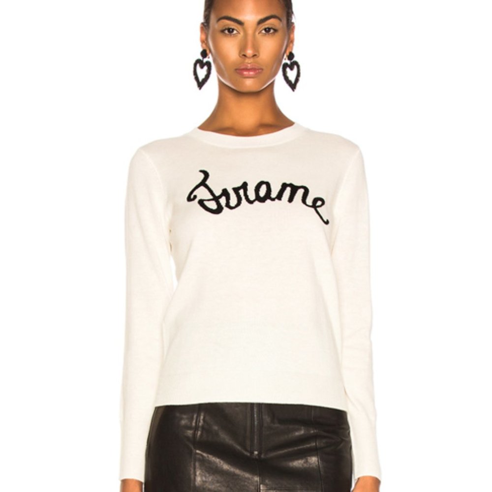 Frame Denim Cream Crewneck Sweater with Black Script